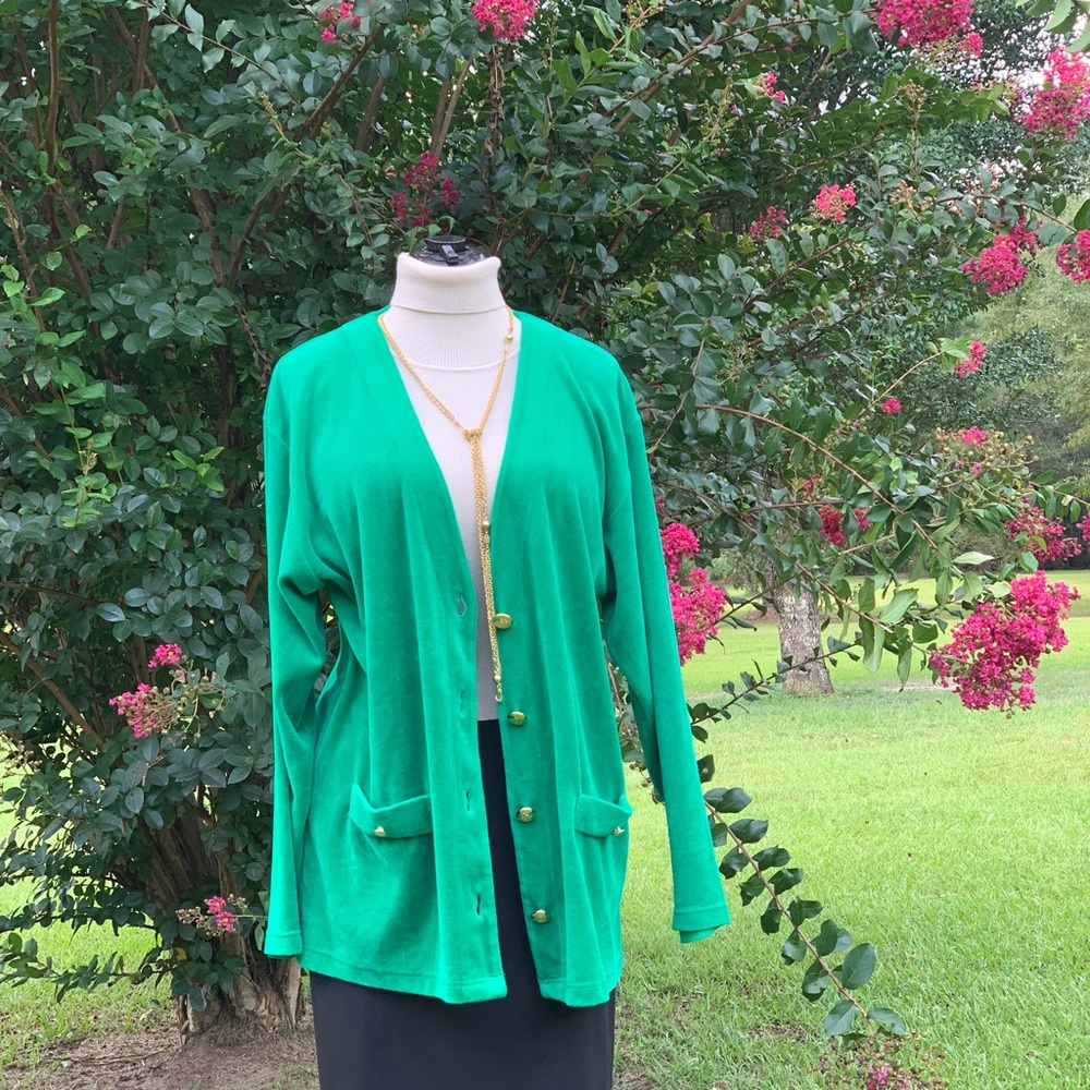 Vintage green velour button sweater Unisex Large